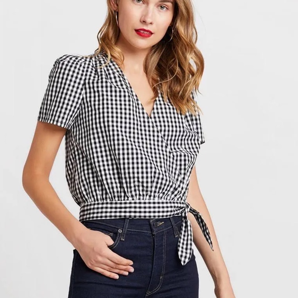 Madewell Short-Sleeve Wrap Top in Gingham Check Size XS Black & White
